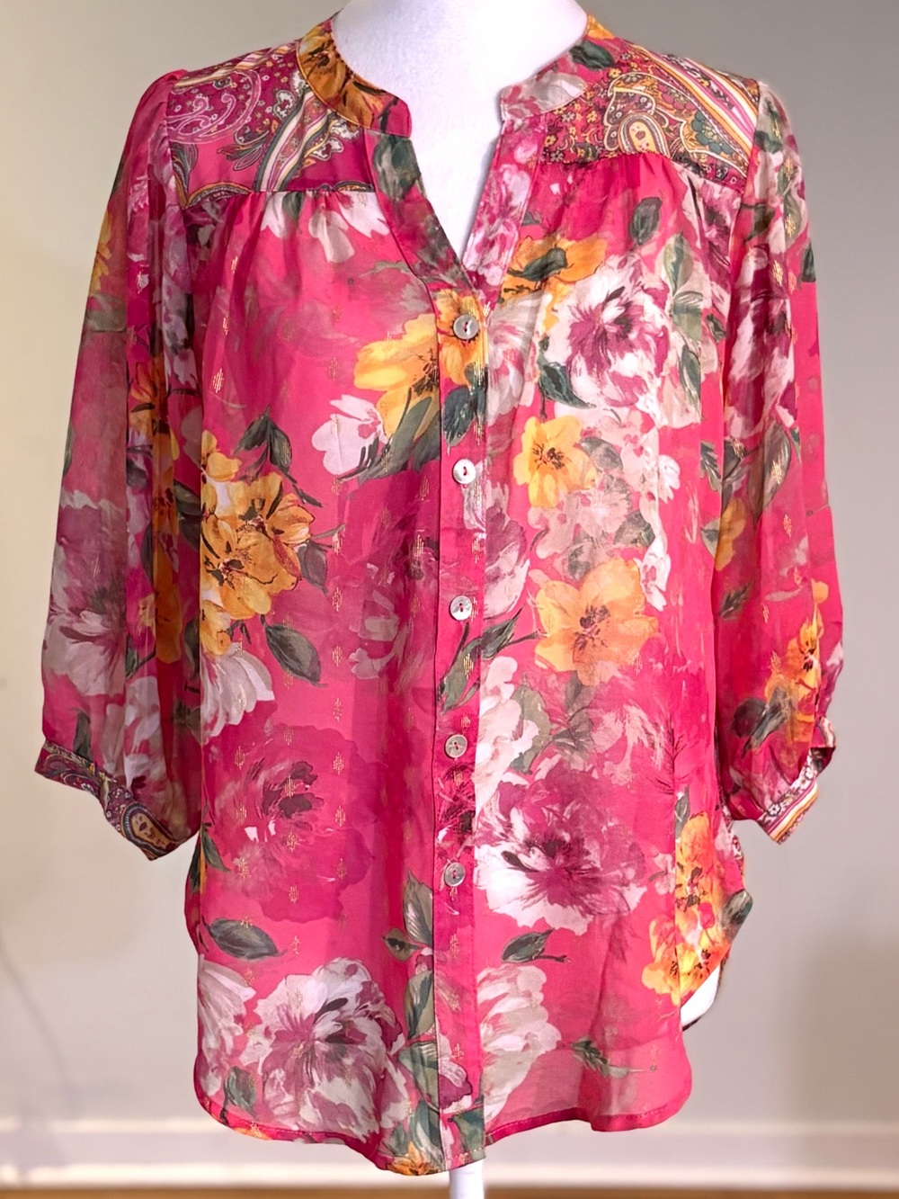 Figueroa & Flower Sheer Floral Pink Split-neck Blouse, Petite M